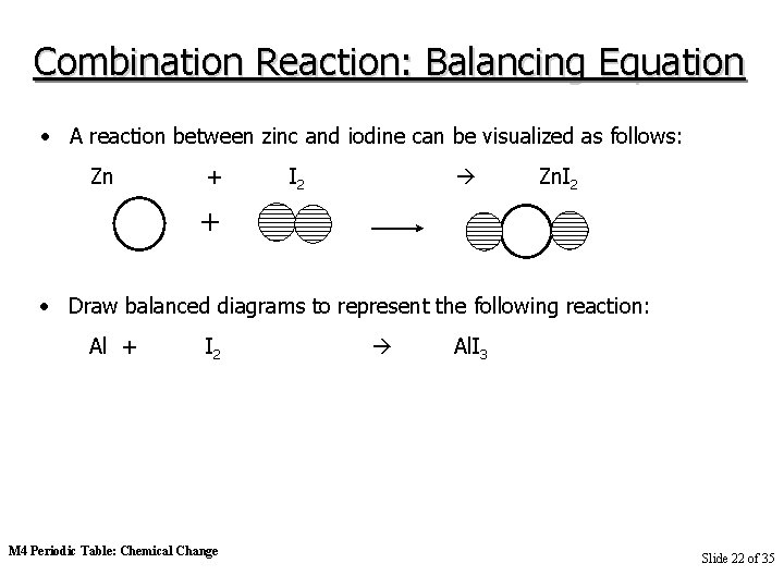 Combination Reaction: Balancing Equation • A reaction between zinc and iodine can be visualized