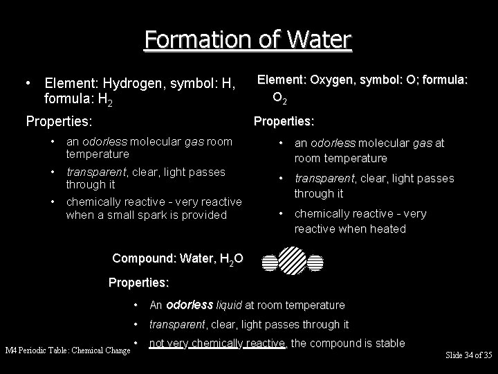 Formation of Water • Element: Hydrogen, symbol: H, formula: H 2 Element: Oxygen, symbol: