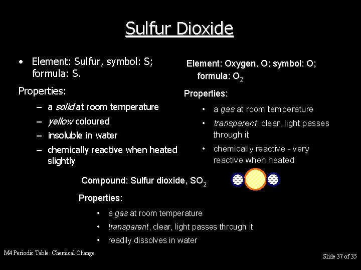 Sulfur Dioxide • Element: Sulfur, symbol: S; formula: S. Element: Oxygen, O; symbol: O;