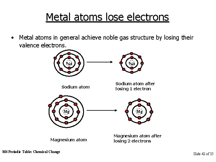 Metal atoms lose electrons • Metal atoms in general achieve noble gas structure by