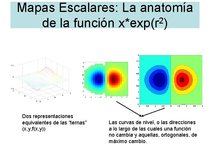Mapas Escalares: La anatomía de la función x*exp(r 2) Dos representaciones equivalentes de las