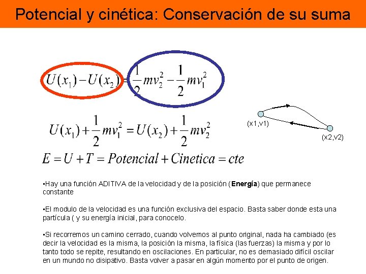 Potencial y cinética: Conservación de su suma (x 1, v 1) (x 2, v