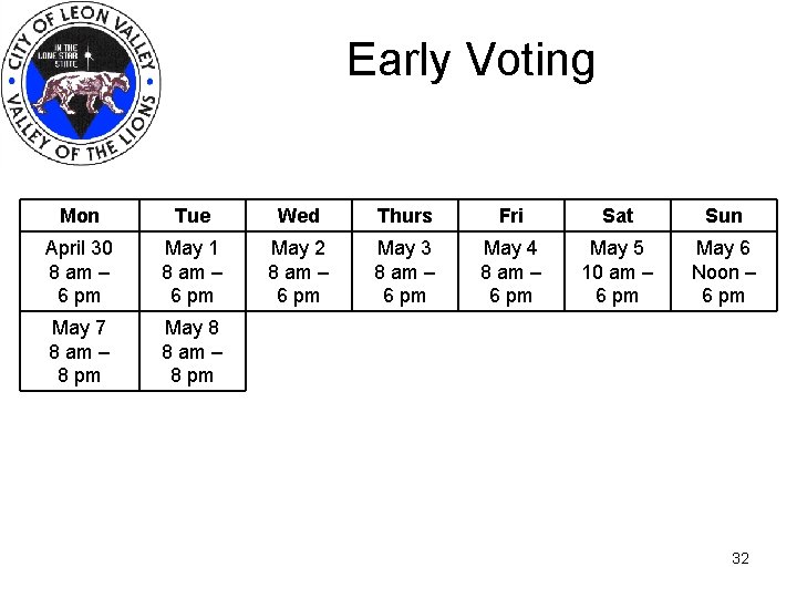 Early Voting Mon Tue Wed Thurs Fri Sat Sun April 30 8 am –