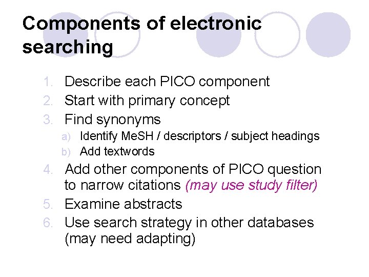 Components of electronic searching 1. Describe each PICO component 2. Start with primary concept