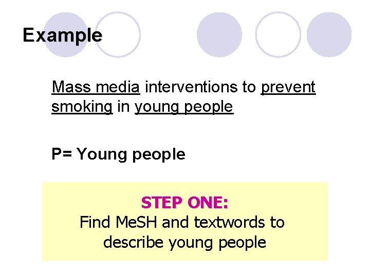 Example Mass media interventions to prevent smoking in young people P= Young people STEP