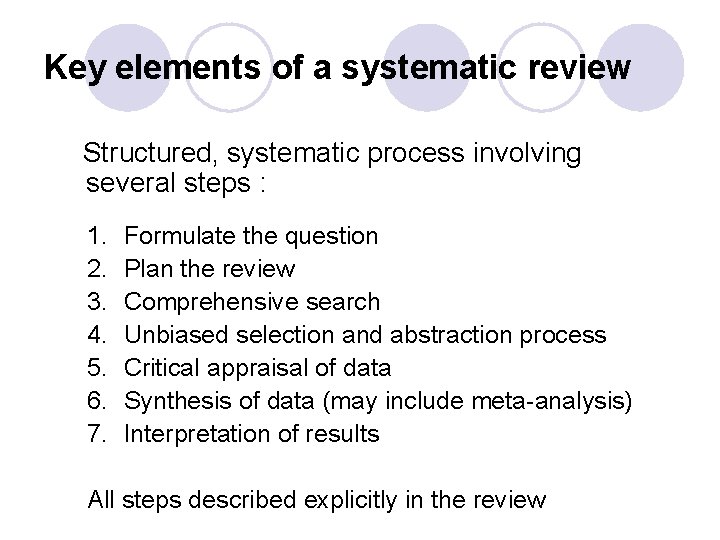 Key elements of a systematic review Structured, systematic process involving several steps : 1.