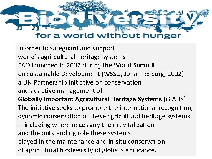 In order to safeguard and support world’s agri-cultural heritage systems FAO launched in 2002