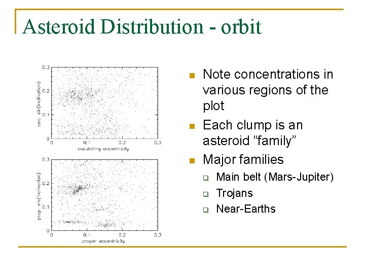 Asteroid Distribution - orbit n n n Note concentrations in various regions of the