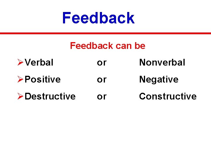 Feedback can be ØVerbal or Nonverbal ØPositive or Negative ØDestructive or Constructive 