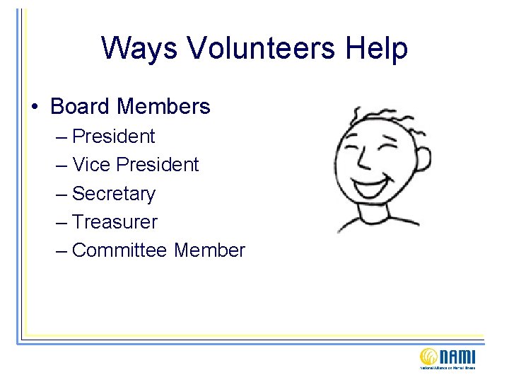 Ways Volunteers Help • Board Members – President – Vice President – Secretary –