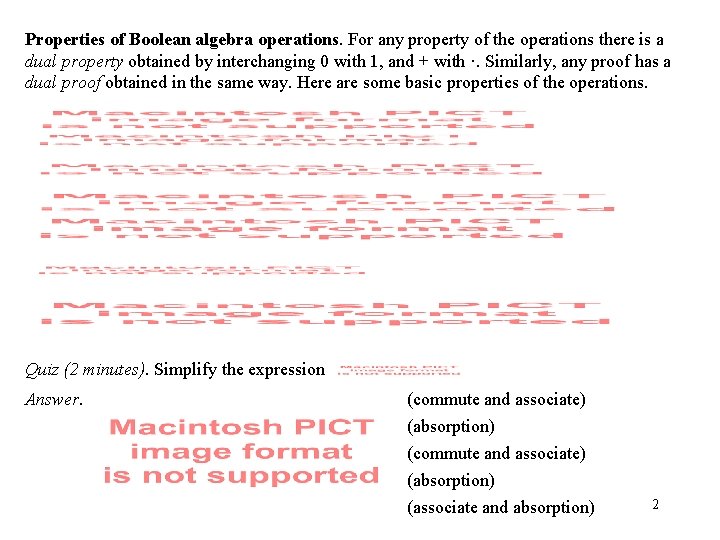 Properties of Boolean algebra operations. For any property of the operations there is a