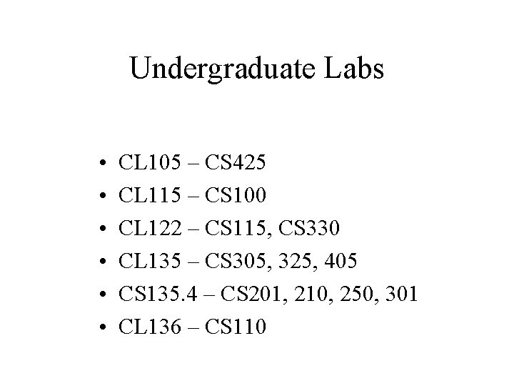 Undergraduate Labs • • • CL 105 – CS 425 CL 115 – CS