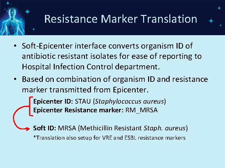 Resistance Marker Translation • Soft-Epicenter interface converts organism ID of antibiotic resistant isolates for