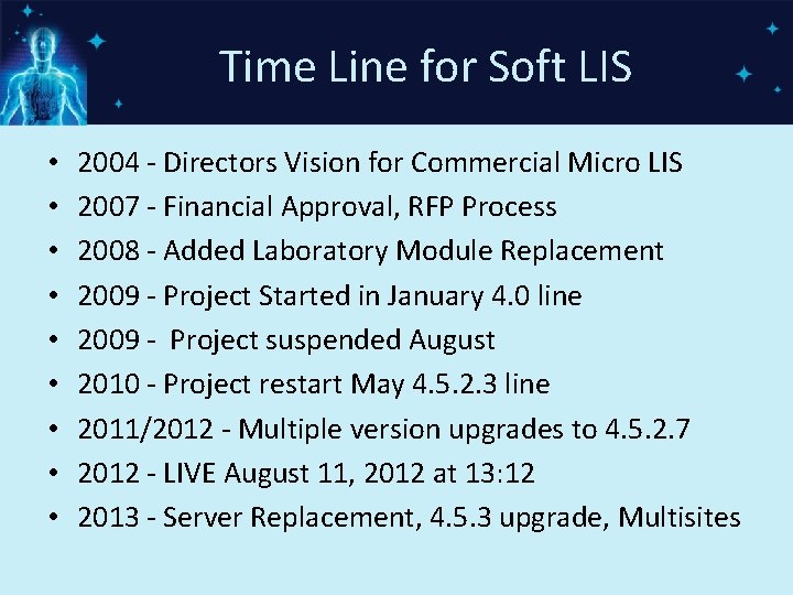 Time Line for Soft LIS • • • 2004 - Directors Vision for Commercial