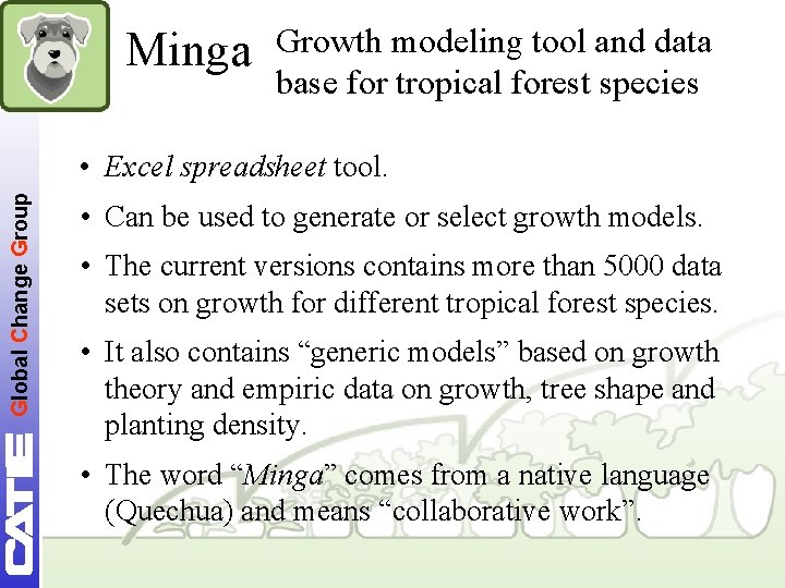 Minga Growth modeling tool and data base for tropical forest species Global Change Group