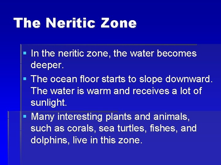 The Neritic Zone § In the neritic zone, the water becomes deeper. § The