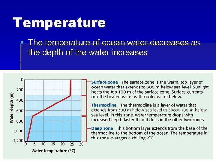 Temperature § The temperature of ocean water decreases as the depth of the water