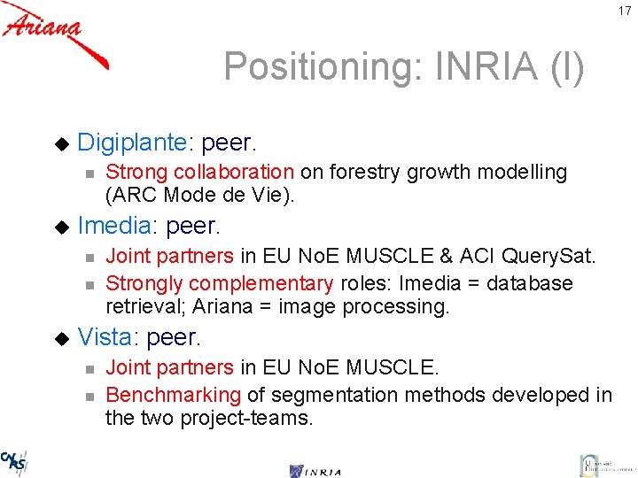 17 Positioning: INRIA (I) u Digiplante: peer. n u Imedia: peer. n n u