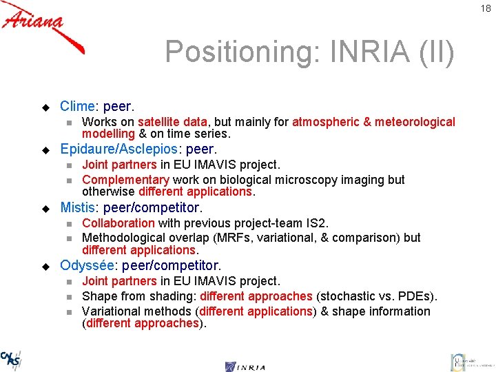 18 Positioning: INRIA (II) u Clime: peer. n u Epidaure/Asclepios: peer. n n u