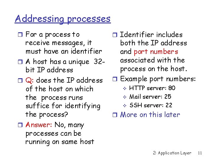 Addressing processes r For a process to r Identifier includes receive messages, it both