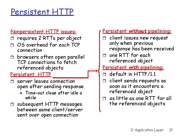 Persistent HTTP Nonpersistent HTTP issues: r requires 2 RTTs per object r OS overhead