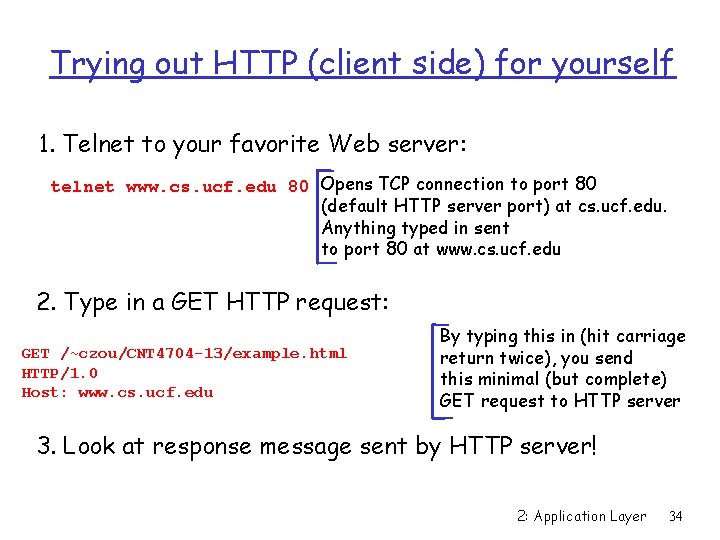 Trying out HTTP (client side) for yourself 1. Telnet to your favorite Web server: