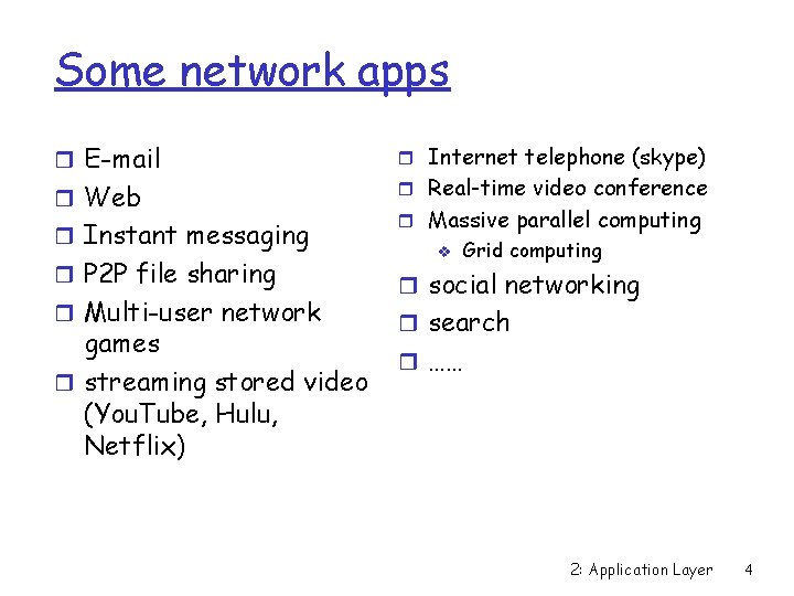 Some network apps r E-mail r Web r Instant messaging r P 2 P