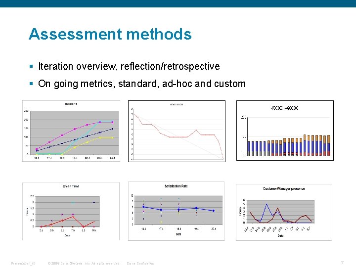 Assessment methods § Iteration overview, reflection/retrospective § On going metrics, standard, ad-hoc and custom