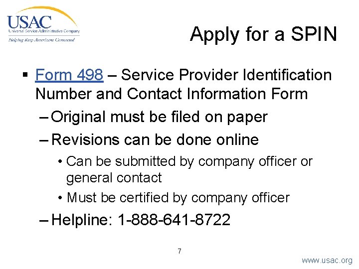 Apply for a SPIN § Form 498 – Service Provider Identification Number and Contact