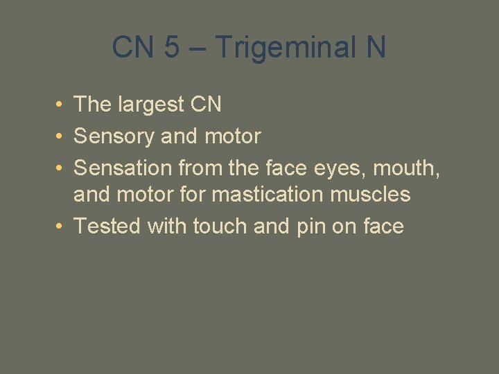 CN 5 – Trigeminal N • The largest CN • Sensory and motor •