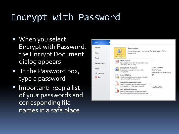 Encrypt with Password When you select Encrypt with Password, the Encrypt Document dialog appears