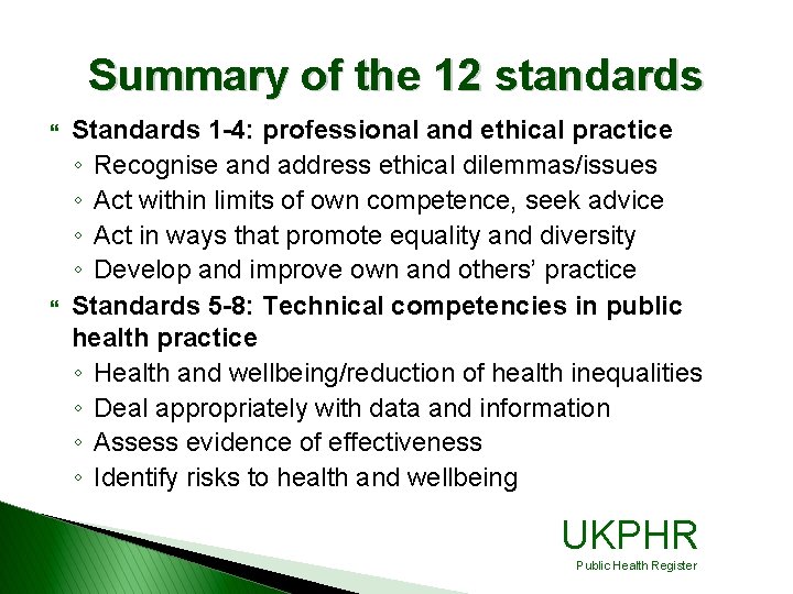 Summary of the 12 standards } } Standards 1 -4: professional and ethical practice