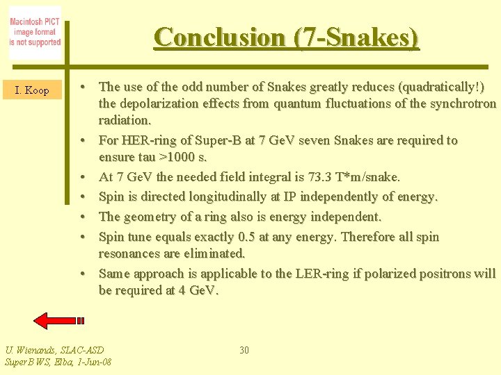 Conclusion (7 -Snakes) I. Koop • The use of the odd number of Snakes