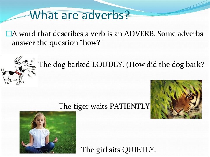 What are adverbs? �A word that describes a verb is an ADVERB. Some adverbs