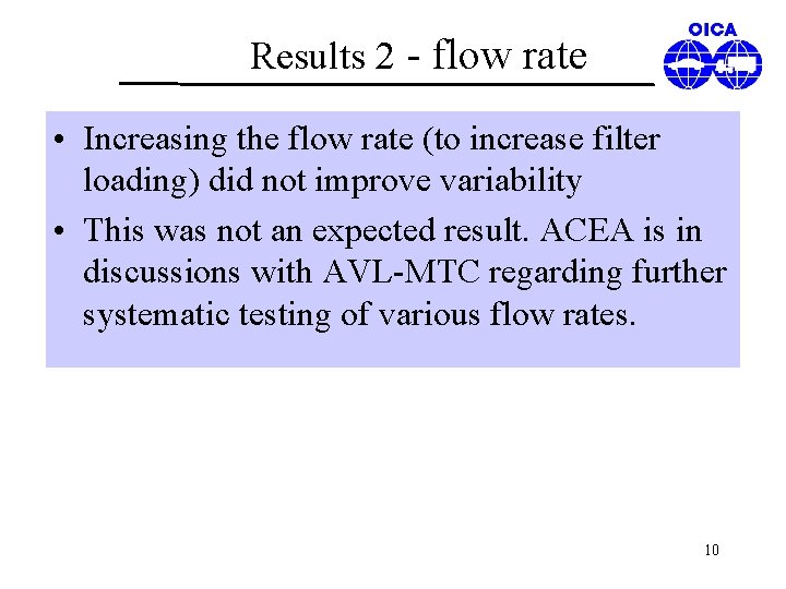 Results 2 - flow rate • Increasing the flow rate (to increase filter loading)