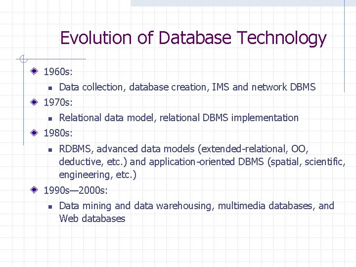 Evolution of Database Technology 1960 s: n Data collection, database creation, IMS and network