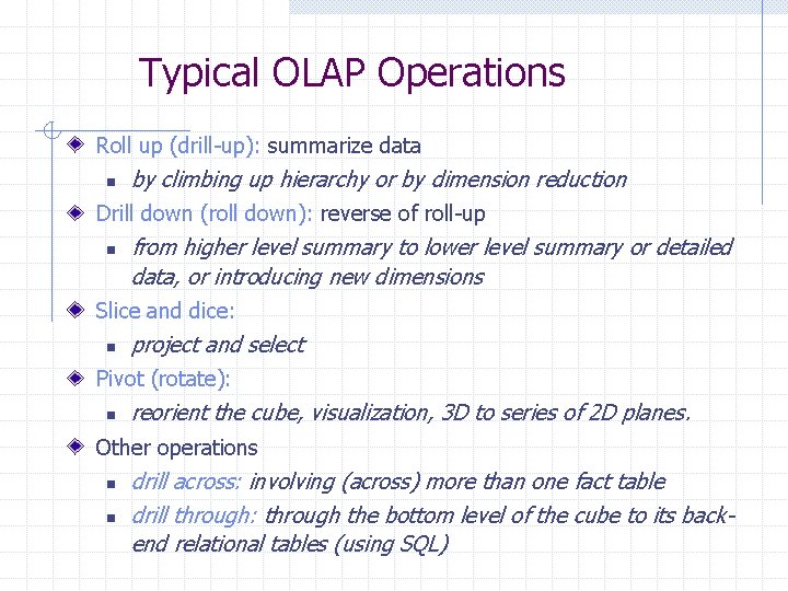 Typical OLAP Operations Roll up (drill-up): summarize data n by climbing up hierarchy or Typical OLAP Operations Roll up (drill-up): summarize data n by climbing up hierarchy or