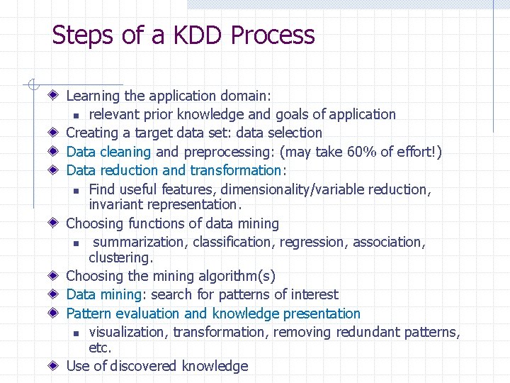 Steps of a KDD Process Learning the application domain: n relevant prior knowledge and