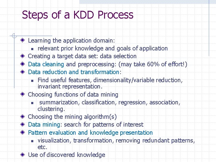 Steps of a KDD Process Learning the application domain: n relevant prior knowledge and Steps of a KDD Process Learning the application domain: n relevant prior knowledge and
