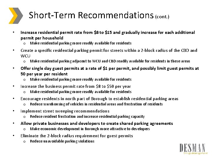 Short-Term Recommendations (cont. ) • Increase residential permit rate from $8 to $15 and