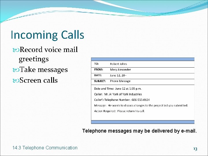 Incoming Calls Record voice mail greetings Take messages Screen calls Telephone messages may be