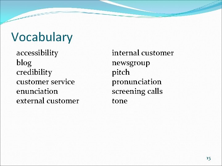 Vocabulary accessibility blog credibility customer service enunciation external customer internal customer newsgroup pitch pronunciation