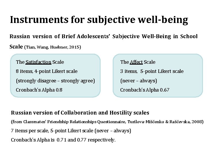 Instruments for subjective well-being Russian version of Brief Adolescents' Subjective Well-Being in School Scale