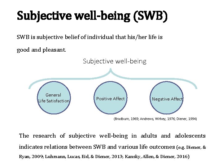 Subjective well-being (SWB) SWB is subjective belief of individual that his/her life is good
