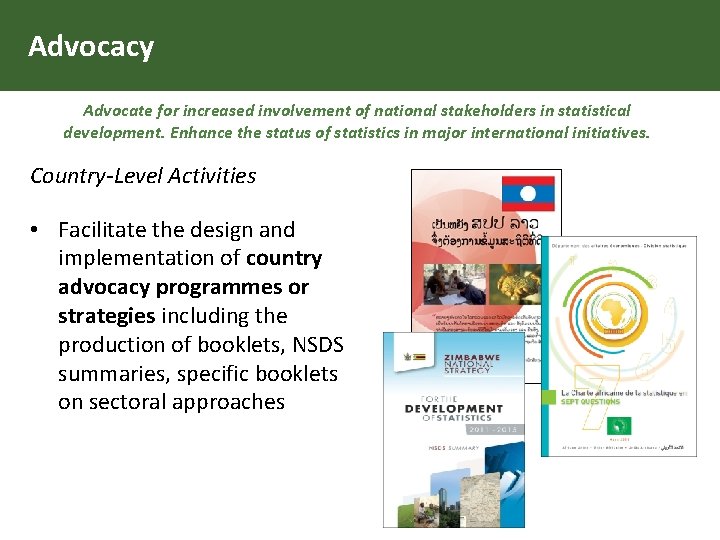 Advocacy Advocate for increased involvement of national stakeholders in statistical development. Enhance the status