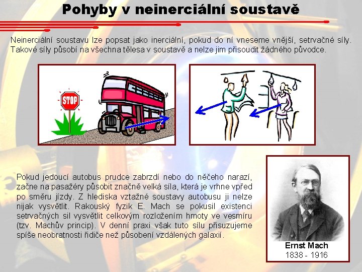 Pohyby v neinerciální soustavě Neinerciální soustavu lze popsat jako inerciální, pokud do ní vneseme