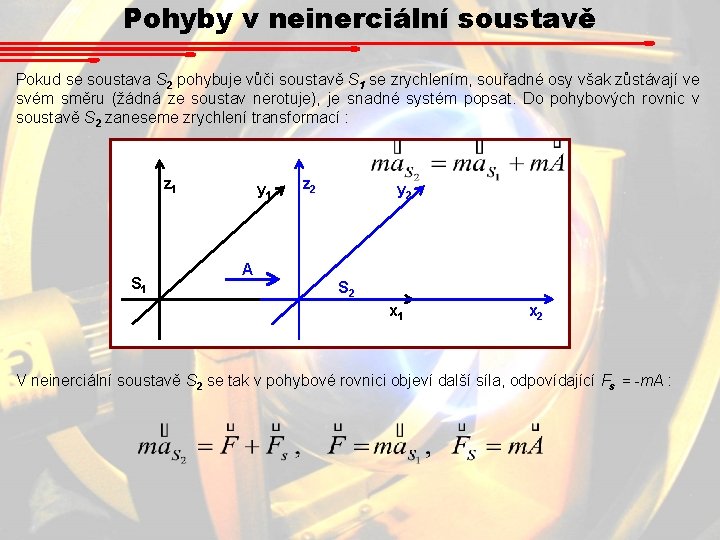 Pohyby v neinerciální soustavě Pokud se soustava S 2 pohybuje vůči soustavě S 1