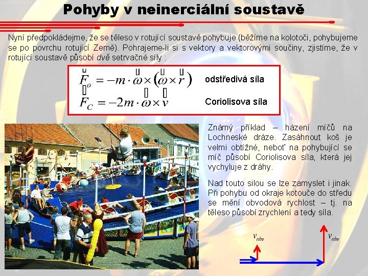 Pohyby v neinerciální soustavě Nyní předpokládejme, že se těleso v rotující soustavě pohybuje (běžíme