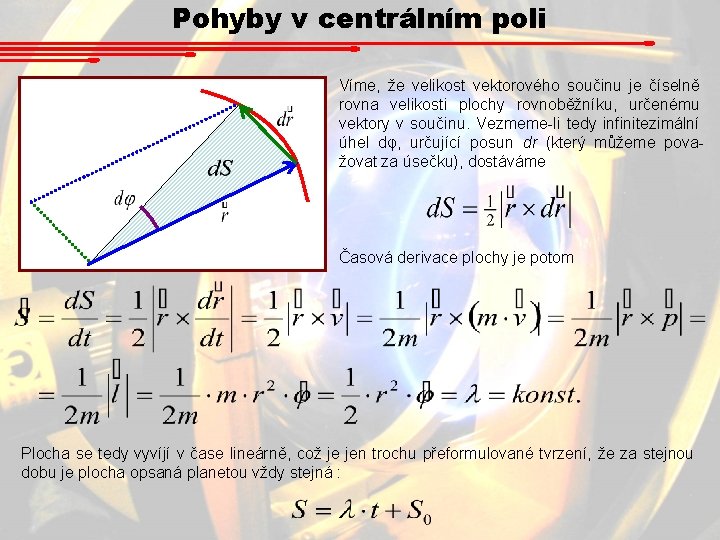 Pohyby v centrálním poli Víme, že velikost vektorového součinu je číselně rovna velikosti plochy Pohyby v centrálním poli Víme, že velikost vektorového součinu je číselně rovna velikosti plochy