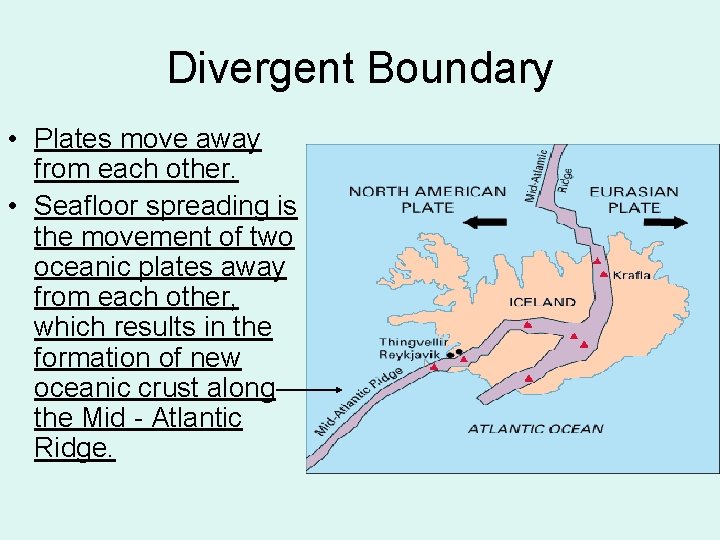 Divergent Boundary • Plates move away from each other. • Seafloor spreading is the